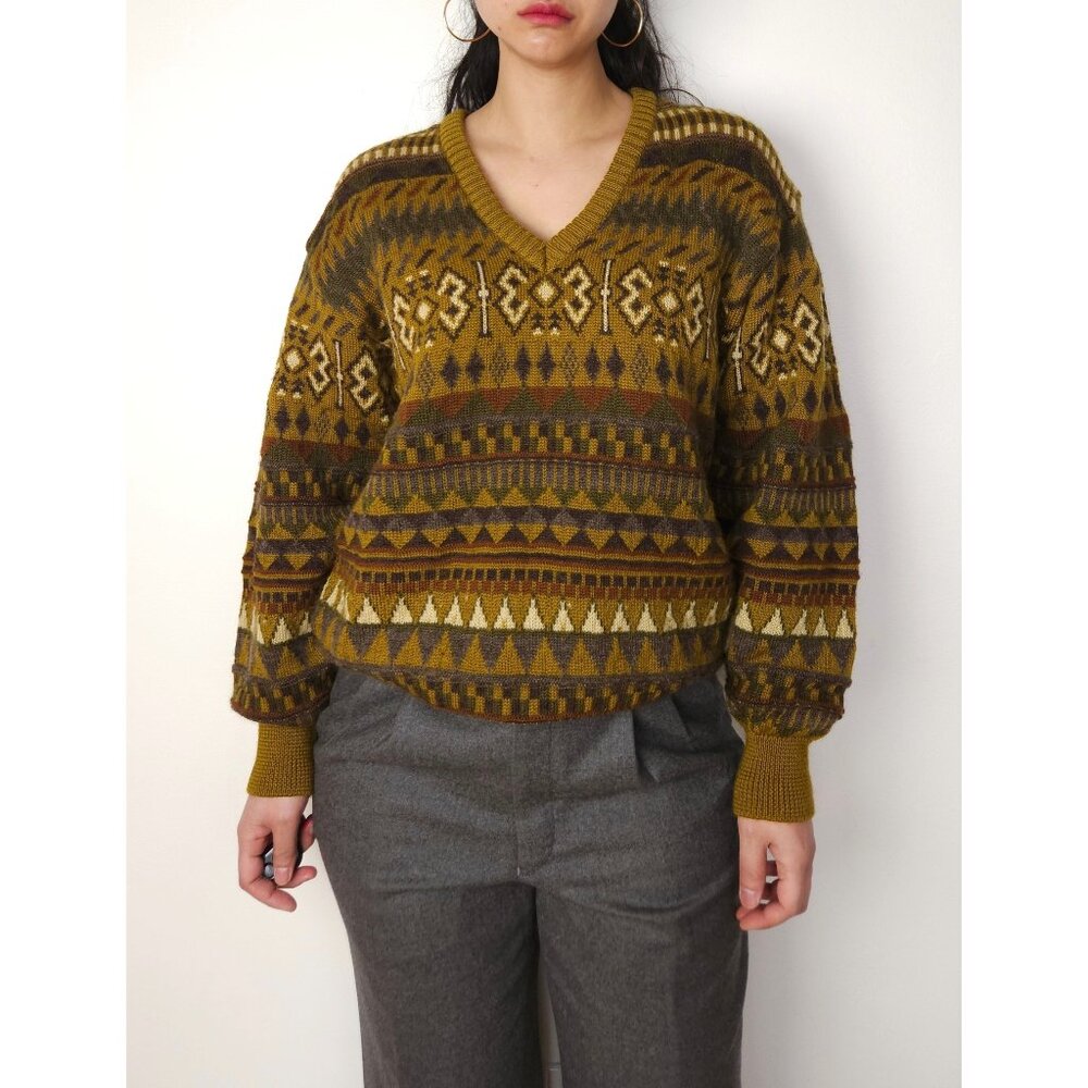 Vintage wool multi color V neck abstract pattern knit sweater pullover jumper